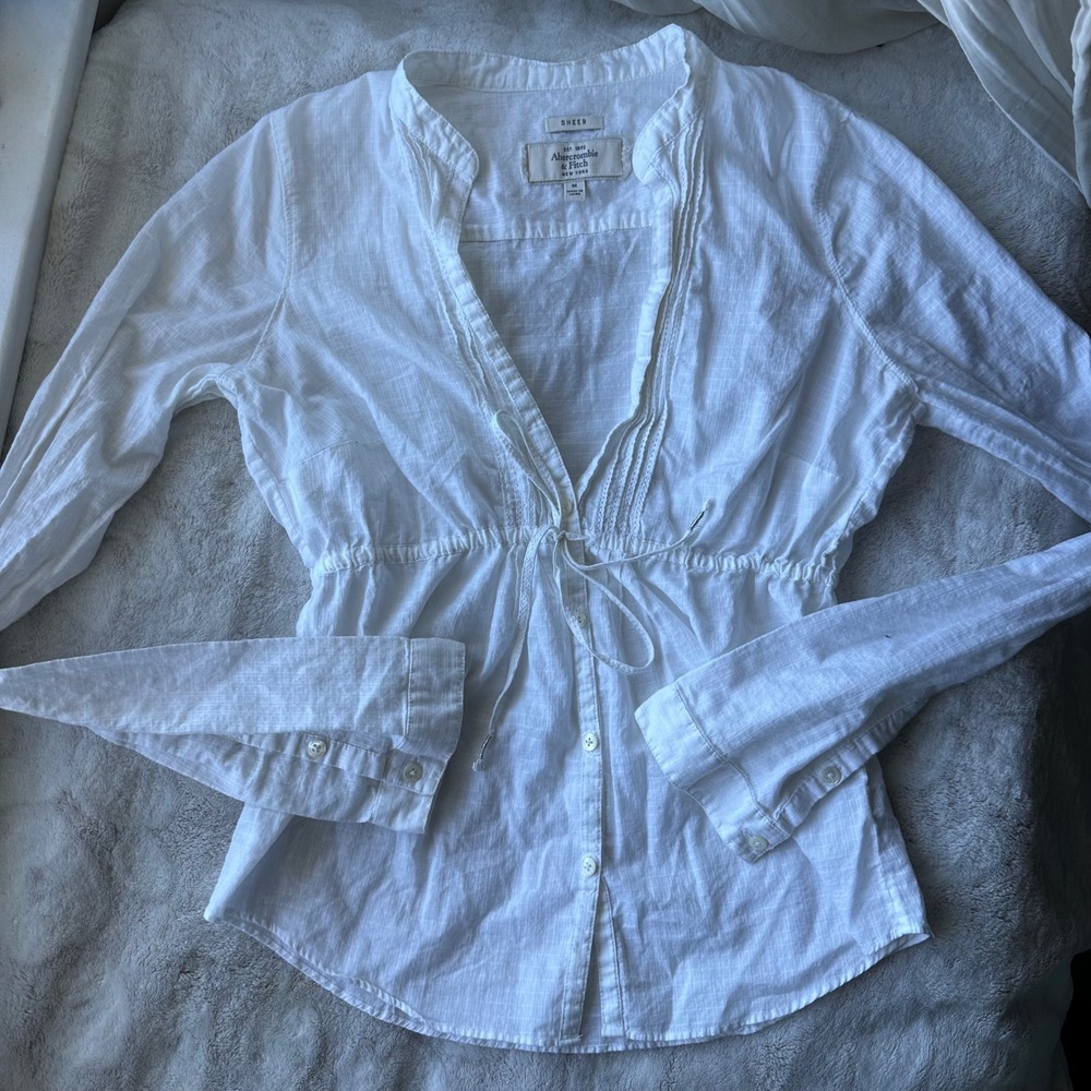 Y2K Sheer White Blouse Tie Waist Bow Button Down Deep V Neck